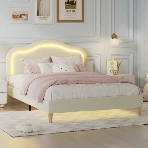 Twin Size Velvet Upholstered Smart LED Bed Frame with Adjustable Height Headboard - 1 of 3