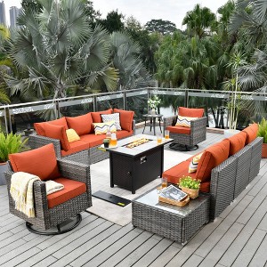 Ovios Venice 11pc Wicker Outdoor Patio Furniture Set Conversation Sofa with a Metal Fire Pit, Swivel Chairs and Cushions - 1 of 4