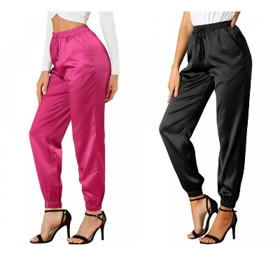 Allegra K Women's Drawstring Elastic Waist Ankle Length Satin Joggers with Pocket 2 Pcs