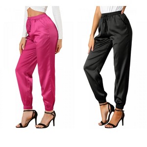 Allegra K Women's Drawstring Elastic Waist Ankle Length Satin Joggers with Pocket 2 Pcs - 1 of 4