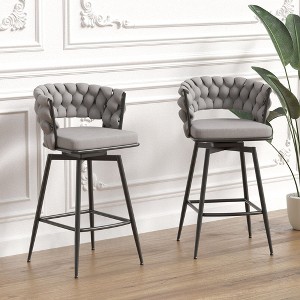 Okak 28" Technical Leather Woven Bar Stool Set of 2, 360 Swivel Chairs with Back Footrest Upholstered Arm Chair for Kitchen Island - 1 of 4
