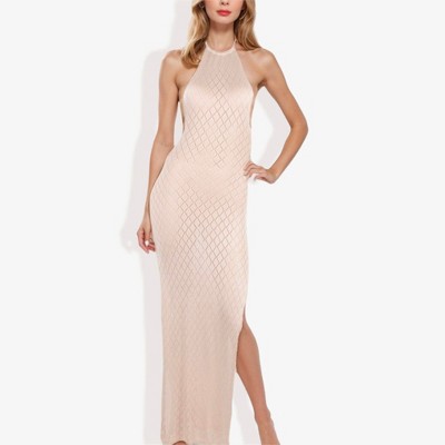Anna-Kaci Women's Halter Neck Fishnet Maxi Dress With Side Slits