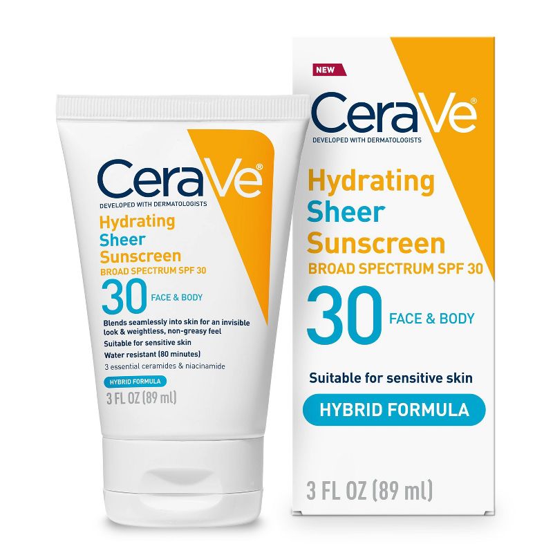 CeraVe Hydrating Sheer Sunscreen Lotion for Face and Body - SPF 30 - 3 fl oz, 1 of 16