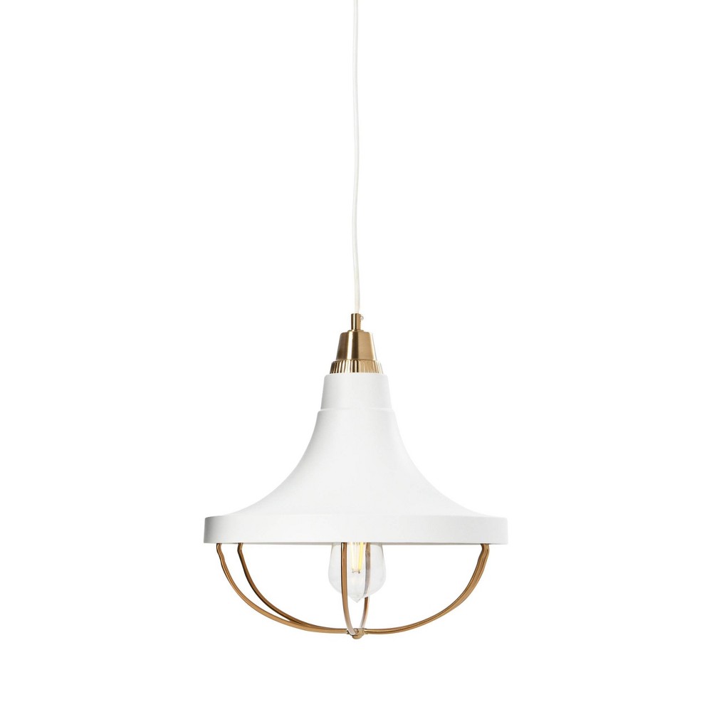 Robert Stevenson Lighting Presley Caged Trumpet Metal Ceiling Light Brushed Brass and White