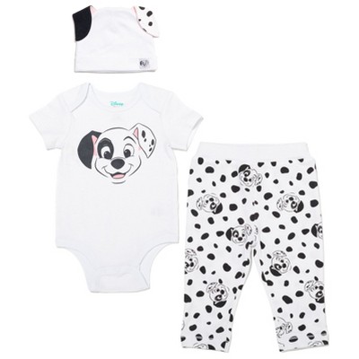 Disney Classics Patch Newborn Baby Boy or Girl Bodysuit Pants and Hat 3 Piece Outfit Set White 6-9 Months