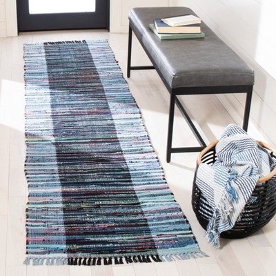 Navy Blue Striped Handwoven Cotton Runner Rug - 27" x 9"