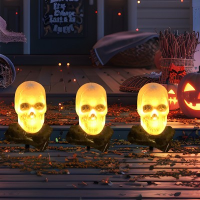 Joyfy 3 Pcs Skeleton Lightup Skull Stakes for Halloween Outdoor Decorations, Pathway Makers for Halloween Party, Lawn Props, Halloween Yard Decor
