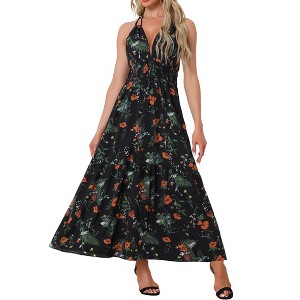 Allegra K Women's Sleeveless Halter Neck Boho Elastic Waist Floral Maxi Summer Sundresses - 1 of 4