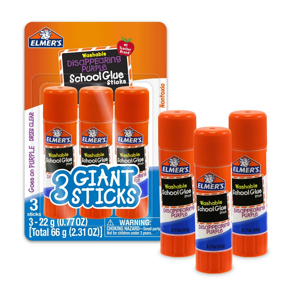 Elmer's 3pk Washable School Glue Sticks - Disappearing Purple: Large, Jumbo, White, Art, Stationery, Office Supplies