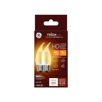 GE 2pk 4W 40W Equivalent Relax LED HD Decorative Light Bulbs Soft White: Dimmable, Energy Star, E26 Base, 2700K, 300 Lumens