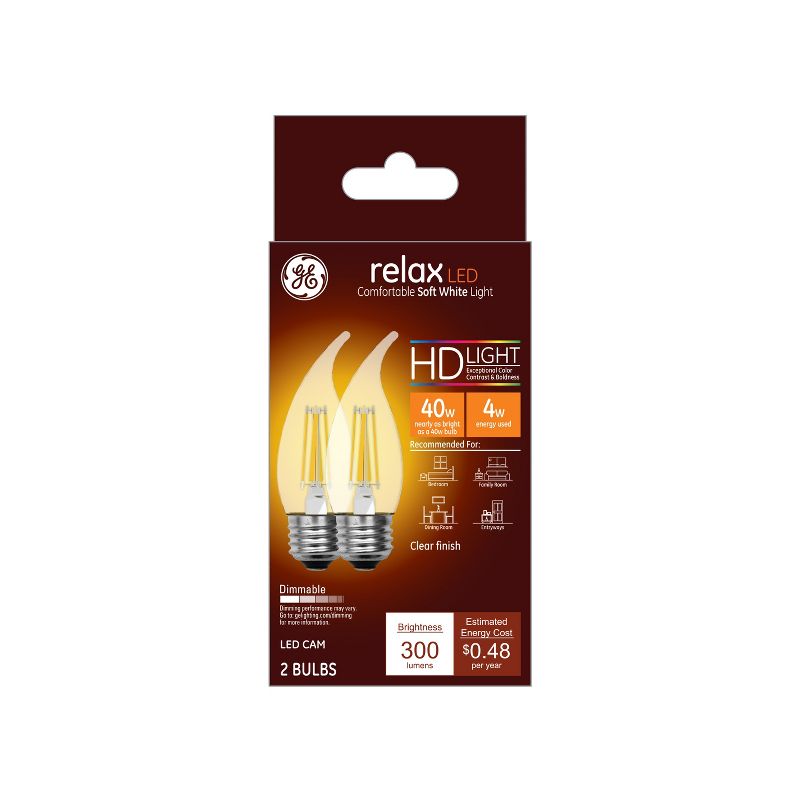 GE 2pk 4W 40W Equivalent Relax LED HD Decorative Light Bulbs Soft White, 1 of 3