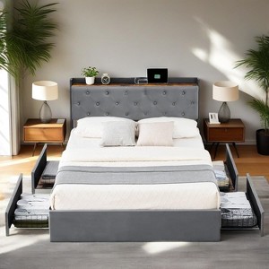 homfan Bed Frame with Charging Station Upholstered Headboard & 4 Storage Drawers,Platform Bed Frame Mattress Foundation with Wooden Slats Support - 1 of 4