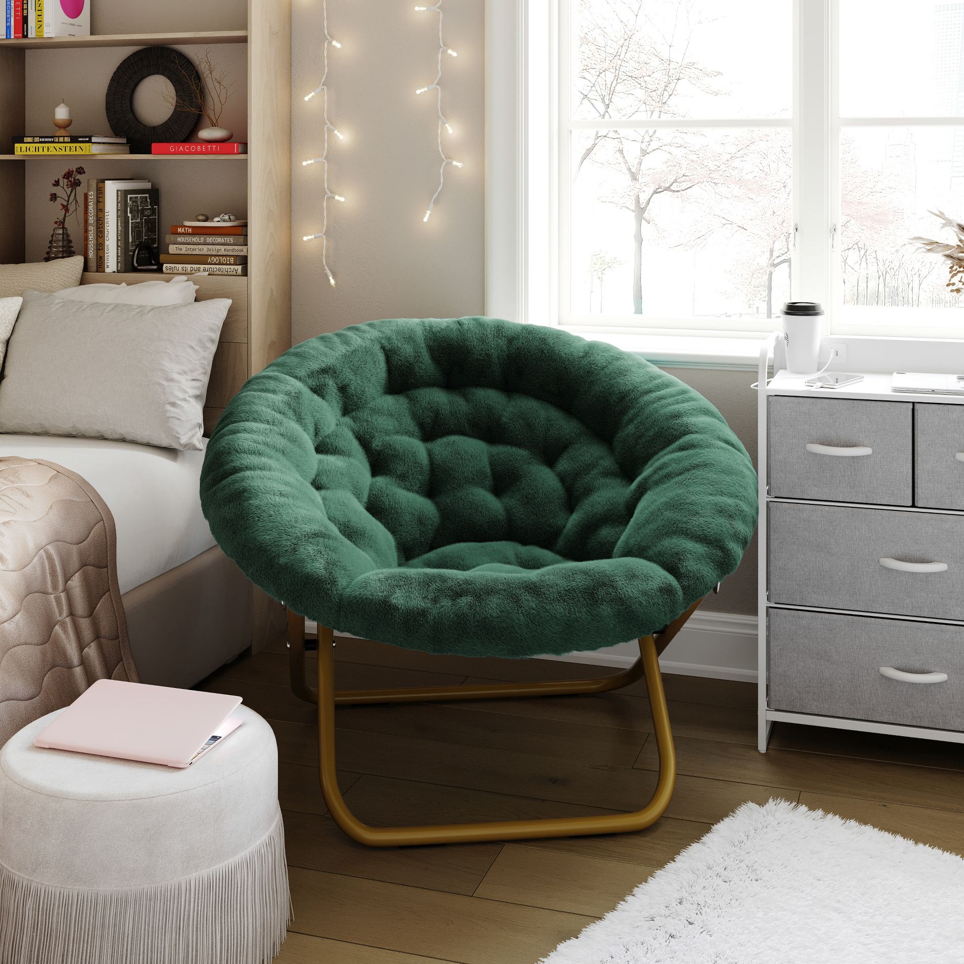 Emma and Oliver Oversize Faux Fur Folding Saucer Moon Chair for Dorm and Bedroom, Emerald Faux Fur/Soft Gold Frame