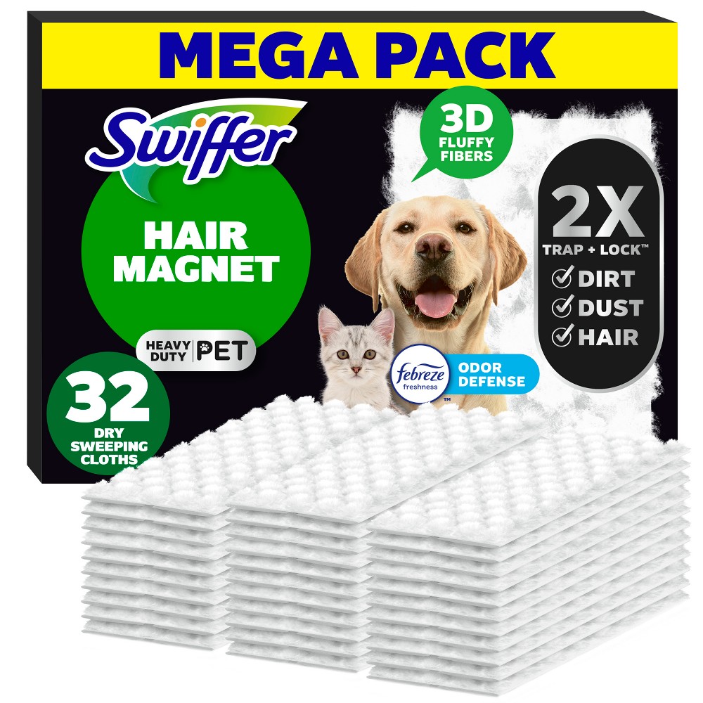 Swiffer Sweeper Pet Heavy Duty Multi-Surface Dry Cloth Refills for Floor Sweeping and Cleaning - 32ct