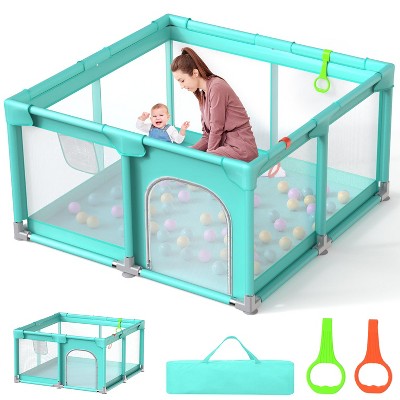 Skirfy Baby Playpen, 50 x 50 in, Non-Slip Base, Soft Mesh Sides, 2 Pull-up Rings, Carry Bag, Green