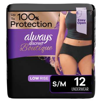 Always Discreet Boutique Low-Rise Adult Postpartum Incontinence Underwear for Women - Black - S/M - 12ct