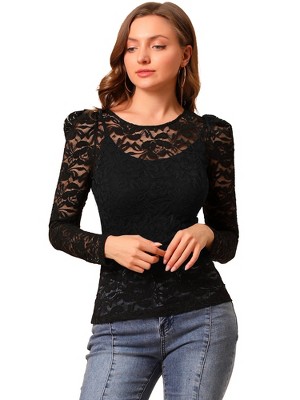 INSPIRE CHIC Women's Vintage Semi-Sheer Puff Long Sleeve Embroidery Lace Floral Blouse