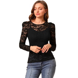 INSPIRE CHIC Women's Vintage Semi-Sheer Puff Long Sleeve Embroidery Lace Floral Blouse - 1 of 4