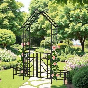Hrinhom 97.2"H Outdoor Rose Arch with Gate And Planter - 1 of 4