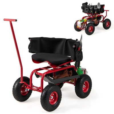 Tangkula Rolling Garden Cart Work Seat Height Adjustable Swivel Stool Cart with Removable Cushion & 2 Steering Handles
