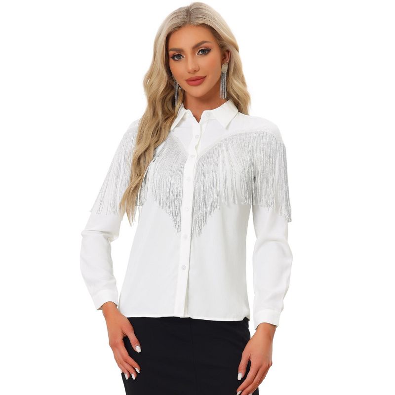 Allegra K Women's Fringe Long Sleeve Button Down Disco Party Shirts, 1 of 6