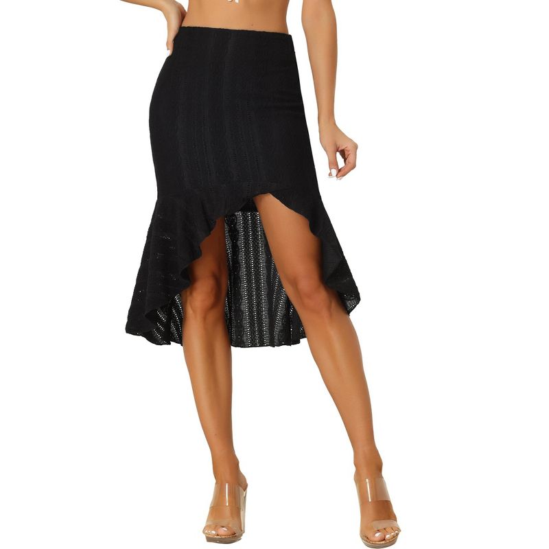Allegra K Women's Lace Ruffle Hem Asymmetrical Stretchy Midi Skirt, 1 of 6