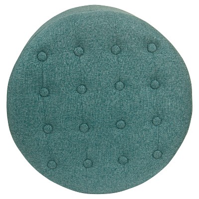 Elegant Teal Tufted Round Ottoman with Textured Weave and Storage
