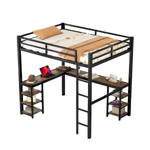 Full Size Loft Bed With Storage Shelves, Heavy Duty Metal Loft Bed With L Shaped Desk, Guardrail, Loft Bed Frame With Ladder For Kids Teens Bedroom - 1 of 4