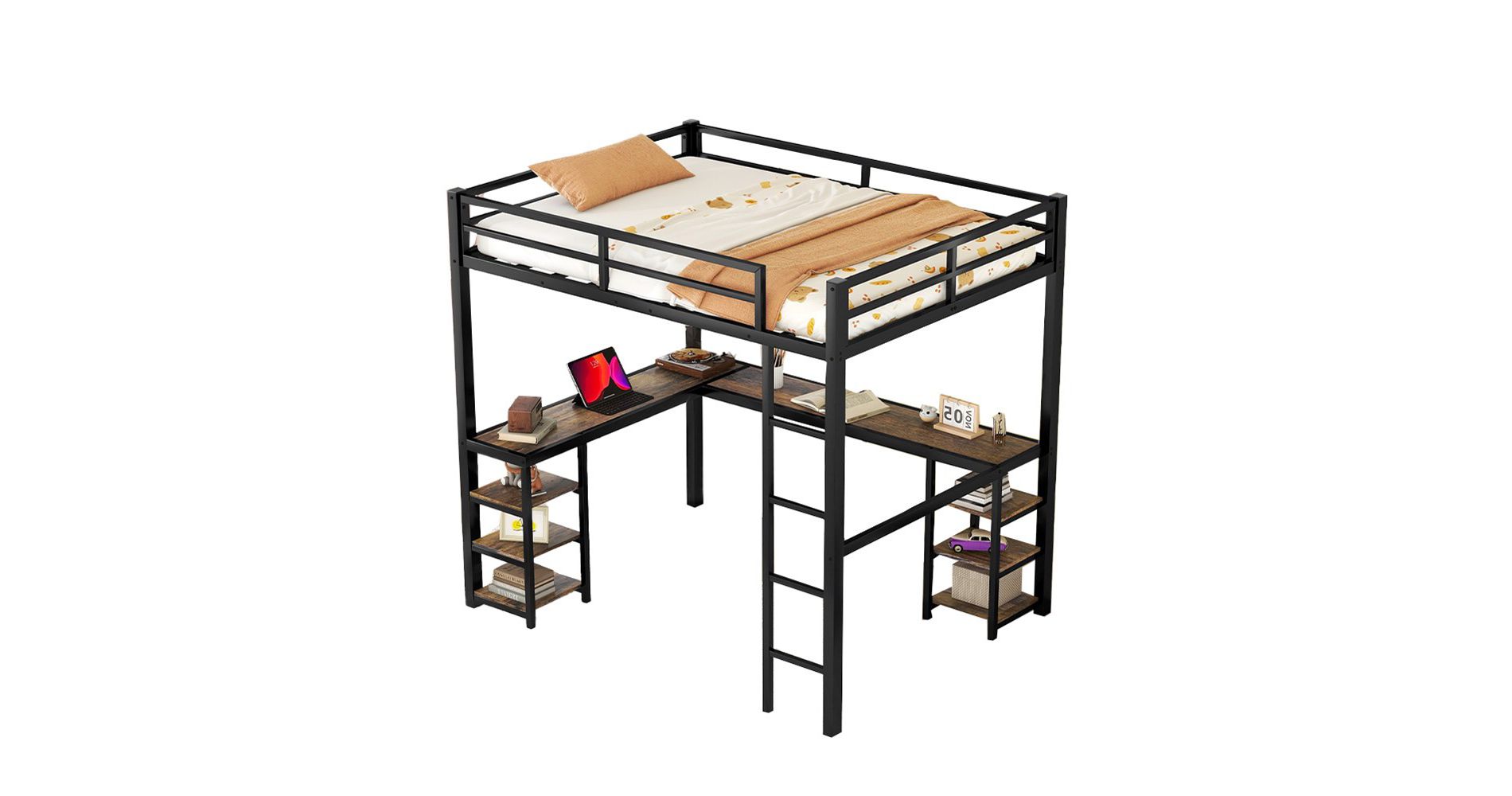 Full Size Loft Bed With Storage Shelves, Heavy Duty Metal Loft Bed With L Shaped Desk, Guardrail, Loft Bed Frame With Ladder For Kids Teens Bedroom