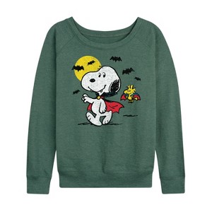 Women's - Peanuts - Vampire Snoopy Woodstock Lightweight French Terry Wide Neck Long Sleeve Shirt - 1 of 4