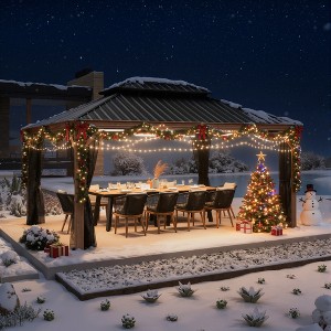 PURPLE LEAF Outdoor Hardtop Gazebo for Patio Galvanized Steel Double Roof Permanent Canopy Teak Finish Aluminum Frame Pavilion Gazebo with Netting - 1 of 4