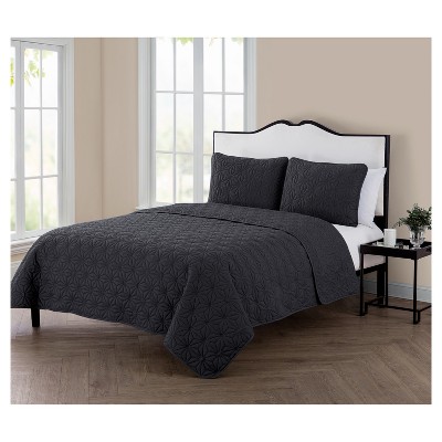 Gray Full Microfiber Reversible Geometric Quilt Set