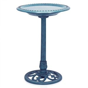 Alpine Corporation 28" Polyresin Pedestal Bird Bath With Scrollwork Base & Ground Stakes Blue - 1 of 4