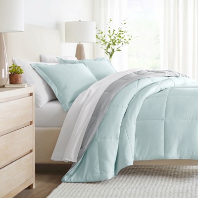 Full/Queen Aqua and Light Gray Reversible Microfiber Comforter Set