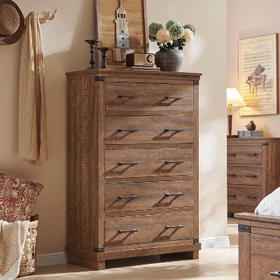 SinCiDo Farmhouse 5 Drawer Dresser, Rustic Wood Tall Chest w/Thick Plank Design, Closet Dresser for Bedroom, Living Room