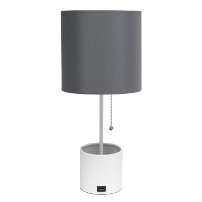 Hammered Metal Organizer Table Lamp with USB Charging Port and Fabric Shade White/Gray - Simple Designs