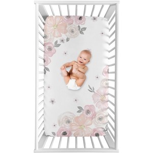 Sweet Jojo Designs Girl Photo Op Fitted Crib Sheet Watercolor Floral Pink Grey and White - 1 of 4