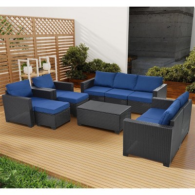 ELJGET 10PCS Outdoor Patio Wicker Furniture Set Cushioned Sectional Sofa Storage Coffee Table Navy Blue Cushion