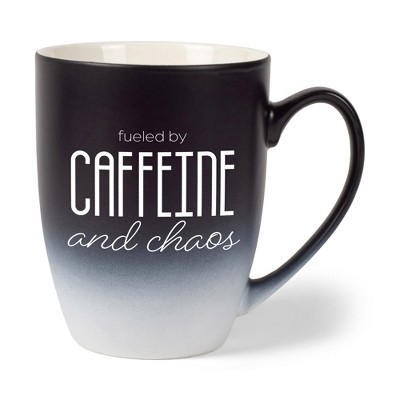 Elanze Designs Fueled By Caffeine And Chaos Two Toned Ombre Matte Black and White 12 ounce Ceramic Stoneware Coffee Cup Mug