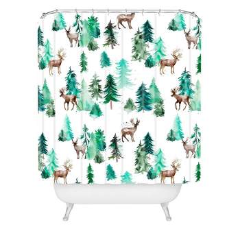 Ninola Design Deer Forest Watercolor Christmas Shower Curtain Green - Deny Designs