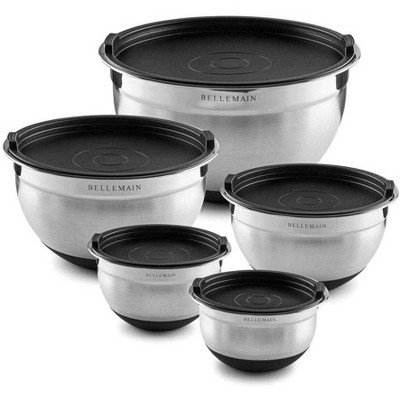 Bellemain Stainless Steel Mixing Bowls with Lids Non-Slip Nesting Easy-Grip 5-Piece Set Silver/Black