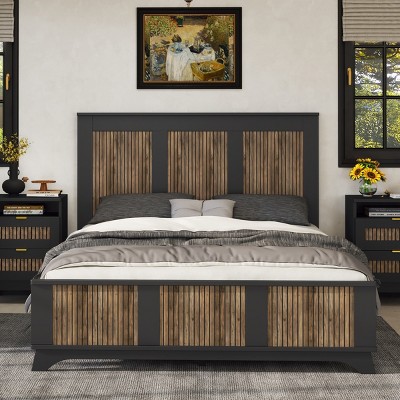 Farmhouse Platform Bed with Decorative Wood Strips and Sturdy Slatted Frame for Rustic Bedroom Look-Cuddlewood