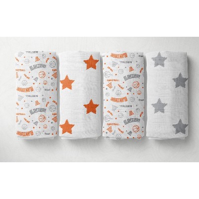 Bacati - Basketball Orange/Gray Muslin Swaddling Blankets set of 4