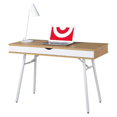 Pine and White Mid-Century Modern Desk with Multi-Storage