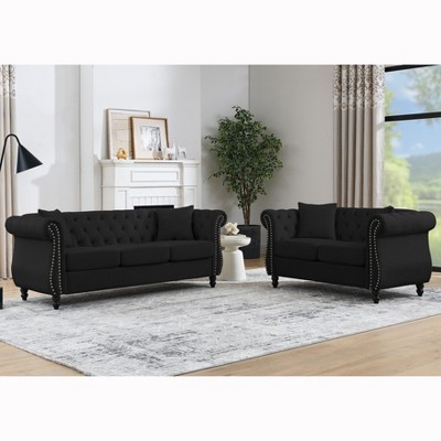 TiramisuBest 80" 3-Seater Tufted Velvet Sofa with Rolled Arms & Nailhead Trim, Black for Living Room, Bedroom & Office,3S+2S