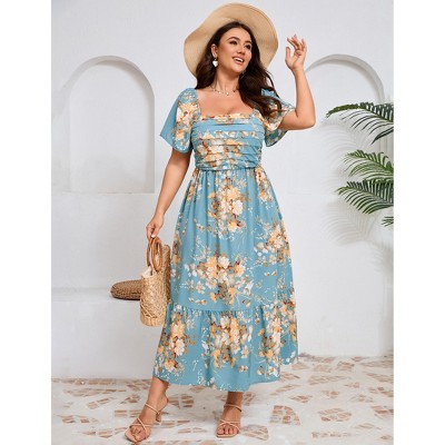 YESFASHION Women Plus Size Maxi Dress Floral Casual Dress Short Sleeve Long Dress Ruffle Pleated High Waist Square Neck Summer Dress