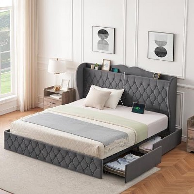 Queen Size Grey Velvet Bed Frame with 4 Convenient Storage Drawers, Wingback Headboard with Charging Station
