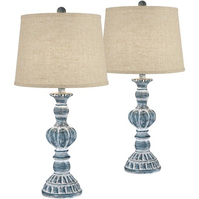 Regency Hill Country Cottage Table Lamps 26.5" High Set of 2 Blue Wash Burlap Linen Drum Shade for Living Room Bedroom House Bedside Home