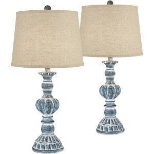 Regency Hill Tanya Country Cottage Table Lamps 26 1/2" High Set of 2 Blue Wash Burlap Linen Drum Shade for Bedroom Living Room Bedside Nightstand Home - 1 of 4