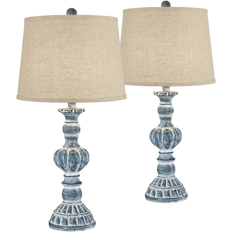 Regency Hill Tanya Country Cottage Table Lamps 26 1/2" High Set of 2 Blue Wash Burlap Linen Drum Shade for Bedroom Living Room Bedside Nightstand Home, 1 of 8